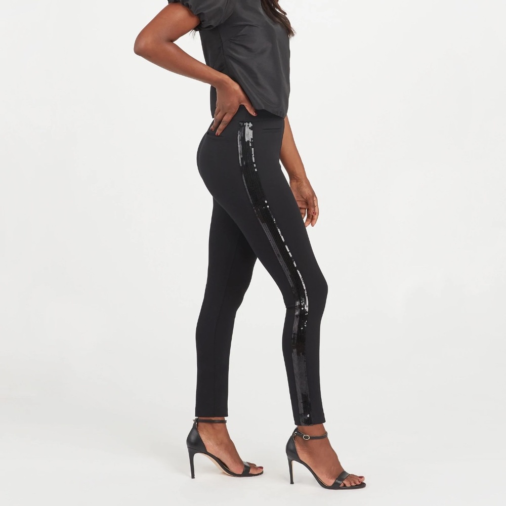 Spanx Perfect Black Pant with Sequin Tuxedo stripe. New with tags.